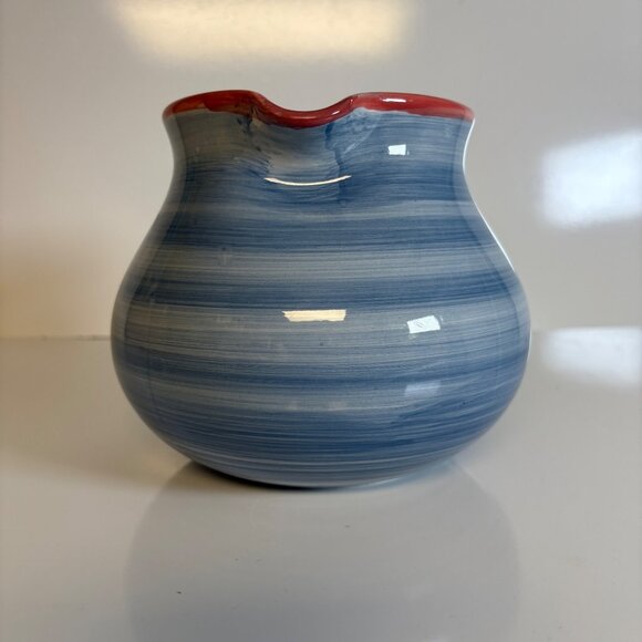 Furio Ceramic Water Pitcher Blue Red Striped Design Made in Italy Cottage Chic - Picture 3 of 6